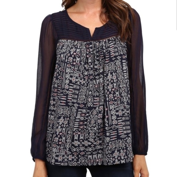Lucky Brand Navy Sheer Yoke Boho Blouse • Small • Sheer Sleeves & Geo Panel - Picture 1 of 8
